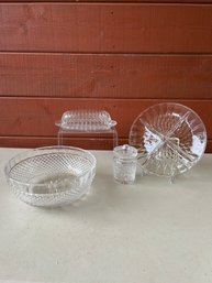 Crystal Bowl And Cut Glass: Butter Dish, Divided Tray And Sugar  Bowl With Lid