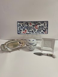 Pier One Butterfly Blossom Tray, 2- Happy Face Asian Bowls, Olivier Olive Plate, Silver Plate & Prill Cheese