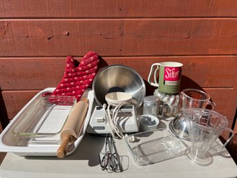 Baking Lot: Vintage Sifter, Corning Ware, Stainless Mixing Bowls, Measuring Cups, Farberware Electric Mixer