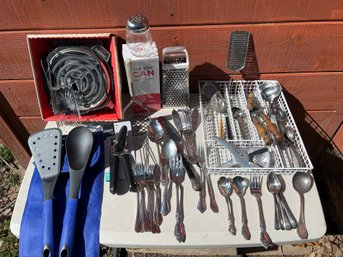 Kitchen Lot: Utensils, Serving Spoons, Burner, Brand New Electric Can Opener And More