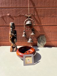 Virgil Vigil Pueblo Ram 1999, Apache Maiden Al Peyron 1994, Mix Wood Thinking Boy, Wind Chimes And Carved Bowl