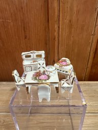 Limoges Porcelain Miniature Set: Table, Chairs, Hutch, Piano And Tuft