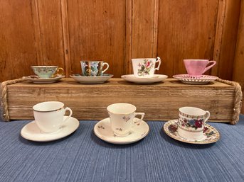 7 Tea Cups/saucers: Austria, Warwick, Royal Chelsea, Colorado Columbine, And Carlsbad Germany