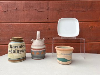 Pottery Jar With Cork Top, Small Planter, Plate And Mexican Water Bottle
