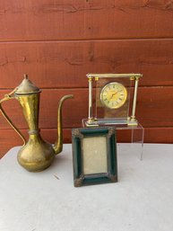 Danbury Quartz Mantle Clock, Moraccan Tea Kettle Brass, And Picture Frame