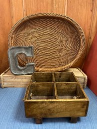 Oval Basket, Wood Separate Box And Wood Letter C Wall Hanging
