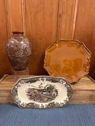 Johnson Bros Friendly Village Platter, Style Eyes By Beum Bris Platter, And Hand Carved Pottery Vase