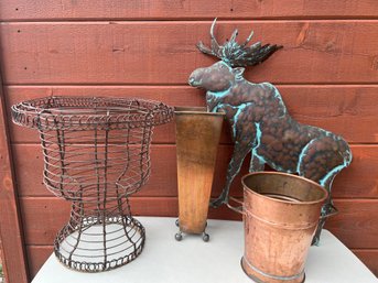 Brass Containers, Moose Hanging, And Wired Vase