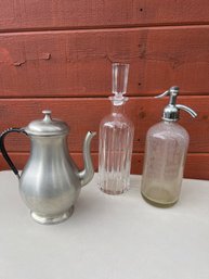 Baccarat Decanter, Jacobs Bottling Works, And Pewter Tea Pot