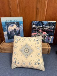Needlepoint Pillow  And 2 Decorative Books