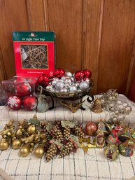 Christmas Lot: Plastic, Metal And Paper Mache Ornaments And Tree Skirt (bowl Not Included)