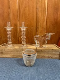 Pottery Barn Glass Candle Holders, Sweden Marcolin Signed Crystal Art Bull, And Crackled Glass Ice Bucket