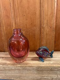 Thamas Art Glass Tropical Fish And Studio Ahus Sweden Pink Vase