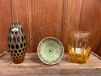 Moser Yellow Art Glass, Bohemian Czech Leopard Vase, And La Poterie DAnnecy Art Bowl