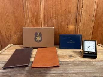 Le Coultre Travel Clock And 2 Mark Cross Leather Wallets Made In Italy
