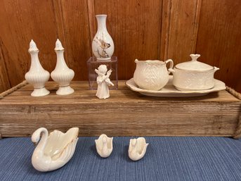 Lenox Creamer/sugar, Salt/pepper Shakers, And Swans, Otagiri Japan Bud Vase, And Angel