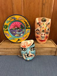 Chinese Paper Mache Mask, Mexican Wood Mask, And Hand Painted Terracotta Mexican Plate