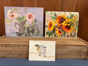 3 Pieces: Original Flowers And Bird Artwork By M. Voyagis, RJK And PN