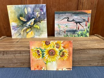 3 Pieces: Original Art: Sunflower, Craine And Bird By Kristine Grall