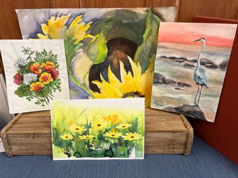 4 Pieces Original Art By M Dotson, J L. Benedict, Sunflowers Not Signed And Daisies