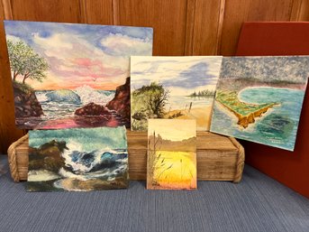 5 Original Beach Scenes Signed Anderson, Woods, Isabella, Eaton, And Dunham