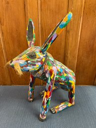 Colorful Wood Painted Rabbit With Marble Eyes