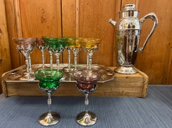 11-Art Deco CAMBRIDGE Colorful Glass Farberware Chrome Cordial Stem & Chrome Cocktail Shaker Bar Ware / Tray