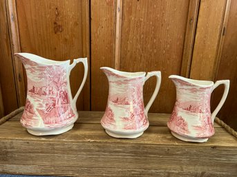 3-Red Ironstone Jug  By Alfred Meakin England 'Tintern' Pattern, Red And White
