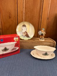 Nikko Happy Holiday Gravy Boat And Stand, Bessie Pease Cutman In Disgrace Plate, And Hummel