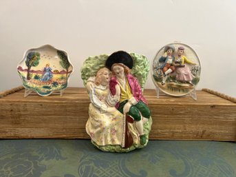Beswick Wall Pocket Plaque, Courting Couple 710, German 3d Couple Wall Plaque And Vintage Capodimonte Tray