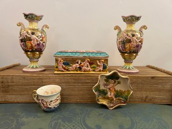 Vintage Porcelain Capodimonte Vases, Trinket Box, Cherub Trinket Plate, SGK Made In Occupied Japan Tea Cup, &