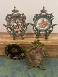 Limoges/JWK Trinket Plates In Brass Frames, Limoges Cobalt Blue Ashtray And Angel Mirror