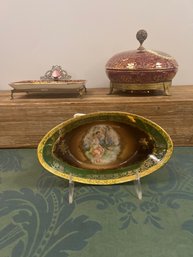 Red And Gold Porcelain Covered Dish With Stand, Syracuse China Trinket Tray And Stand, & Bavaria Green Tray