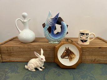 Authentic Gurgle Pitcher, Pfaltzgraff Nick Muggsy Jug, Limoges Oil Pitcher, Horse Decor Plate And More