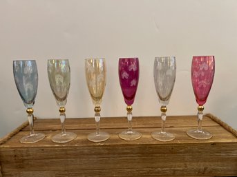 Colorful Italian Etched Glass Wine Glasses With Gold Trim