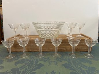 12- Cut Glass Cordial Glasses And Bowl