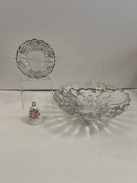 Silver Inlay Divided Bowl, Pedestal Bowl And Porcelain Bell