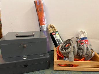 Steel Master Cash Box, Huntlit-ning Lock Box, Extension Cords, Wood Crate, And Diamond Pro Paint Faster
