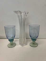 2- Green/blue Glasses And Vase