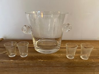 Tiffany And Co Glass Ice Bucket, And 4 Glass Shot Glasses
