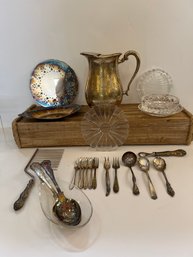 Waterford Ashtray, Silverplate Flateware, Trivets, Pitcher And Glass Flower Trivet And More