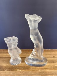 Lalique Female Nude Crystal Statue And Frosred Crystal Nude Lovers Crystal Staute