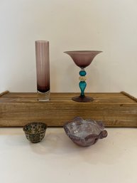 La Murrina Purple/ Blue Art Glass, Purple Vase, Cloisonn Trinket Bowl And Murano Ashtray
