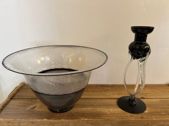 Contemporary Black Stripe/speckled Signed Bowl And Handblown Candle Holder