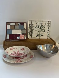 Johnson Bros Devon Sprays Bowl And Platter, Nambe Silver Tone Bowl, Tile Trivet & Botanical Plastic Tray