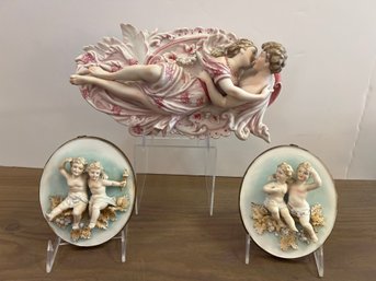 Arnart Porcelain Embracing Lovers And 2 Vintage Arnart Porcelain Cherub Plaque Figures 3D Bisque Gold