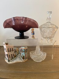 Rafael Hernandez San Juan, Crystal Candy Jar, Basket, Goebal Hummel Figure, Amethyst Pedestal  Fan Candy Dish