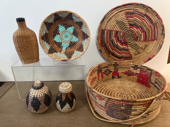 Traditional Zulu Containers, Navajo Wedding Basket, Wicker Covered Bottle And Native American Woven Basket