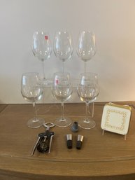 6- Bormioli Wine Glasses, 6 Coasters, Wine Opener And Stopper