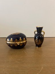 Limoges France Cobalt Blue Vase And Egg Shaped Trinket Box